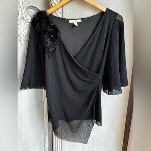 Whimsygoth Blouse Sz S Black Faux Wrap V-neck Flutter Sleeve Gothic Romance Top